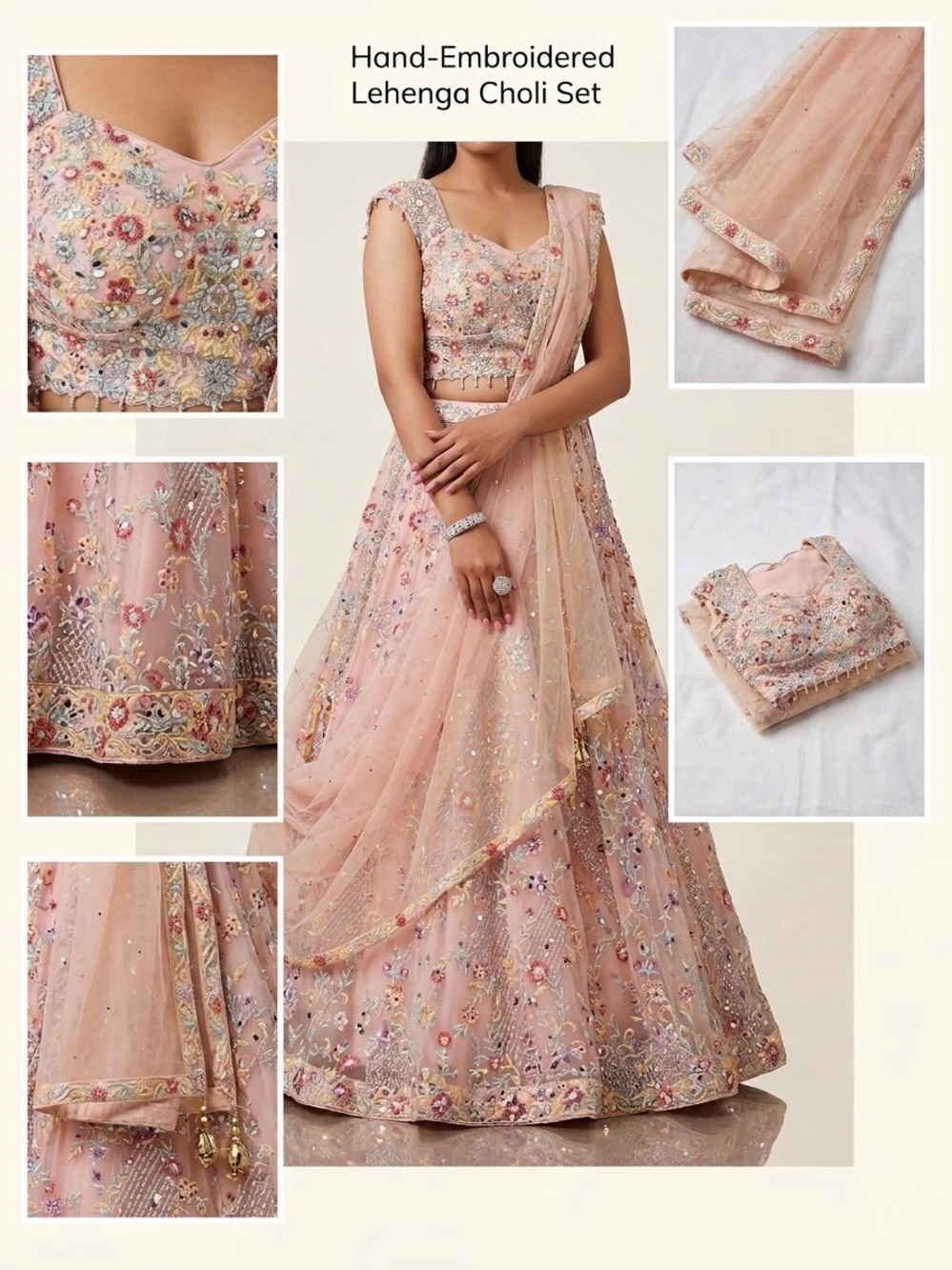 Hand-Embroidered Peach Floral Lehenga Choli Set - Women Dresses